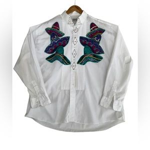 Vintage 90s Western Button Shirt Rhinestones Cowboy Hat Sombrero Size XL